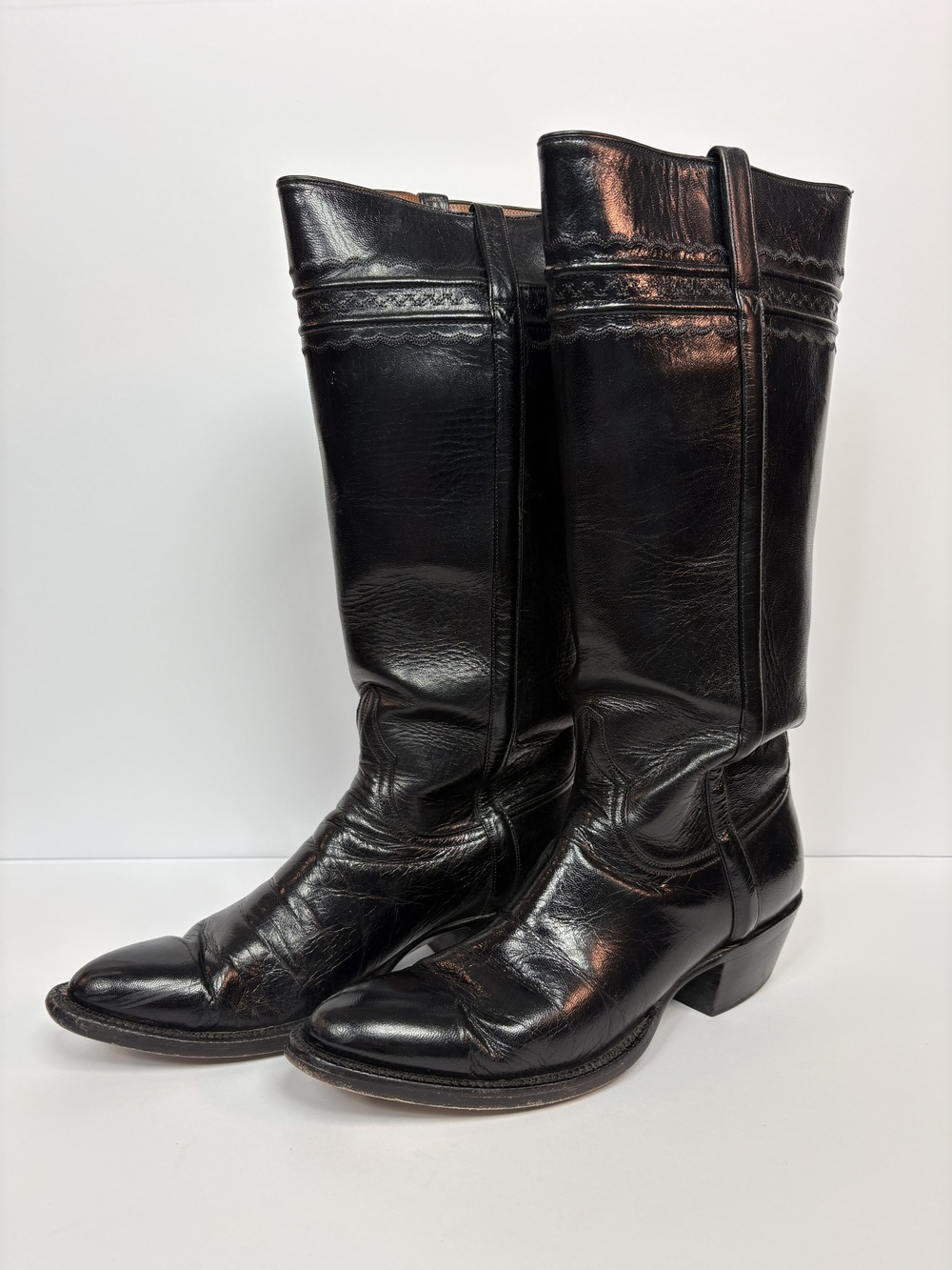 PF-1218 Vintage Lucchese Handmade Stovepipe Tall Black Riding Boots